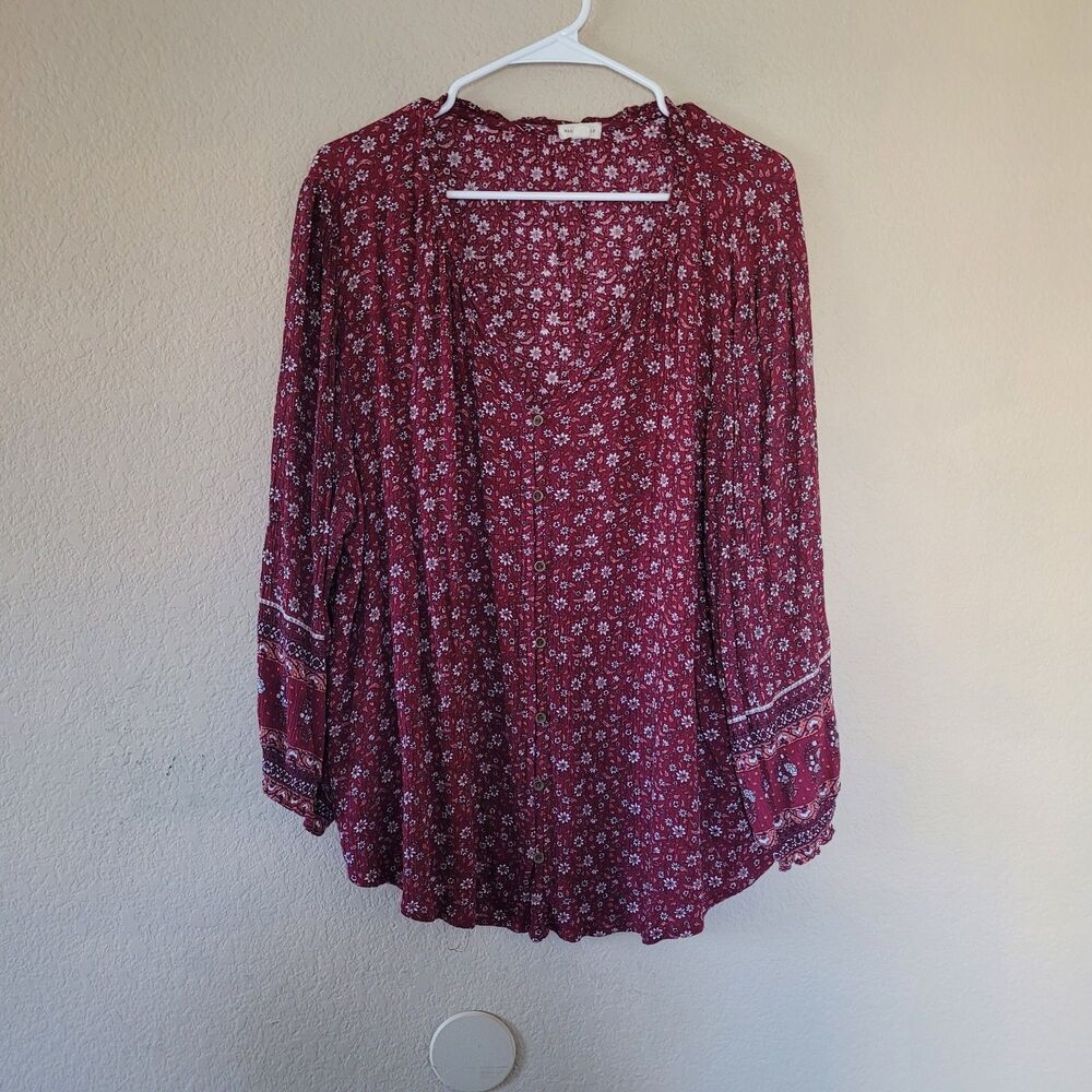 Mason & Belle Womens Peasant Top 2X Balloon Long Sleeve Button Floral Burgundy